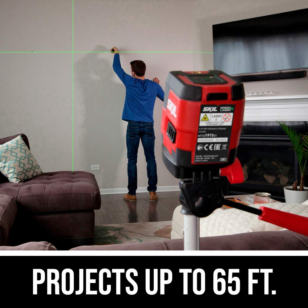 SKIL 65ft. Green Self-leveling Cross Line Laser Level with Horizontal and Vertical Lines, Rechargeable Lithium Battery with USB Charging Port, Clamp & Carry Bag Included - LL9324G-01 Skil