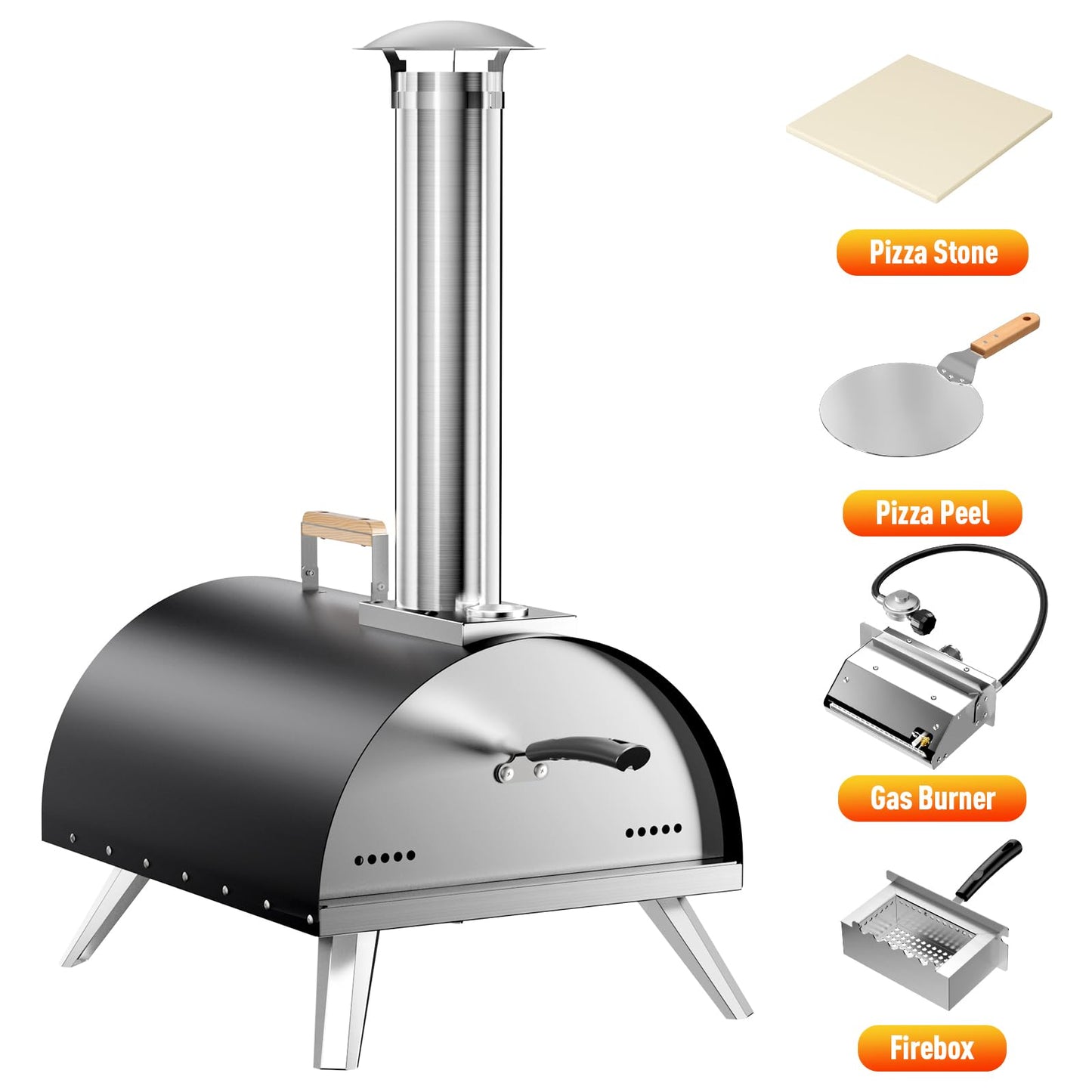 Multi-Fuel Pizza Oven Outdoor, 12" Portable Wood and Gas Fired Pizza Oven with Thermometer,Gas Hose & Pizza Stone,Heats up to 1000°F,Stainless Steel Pizza Oven for Backyard or Camping (Black)