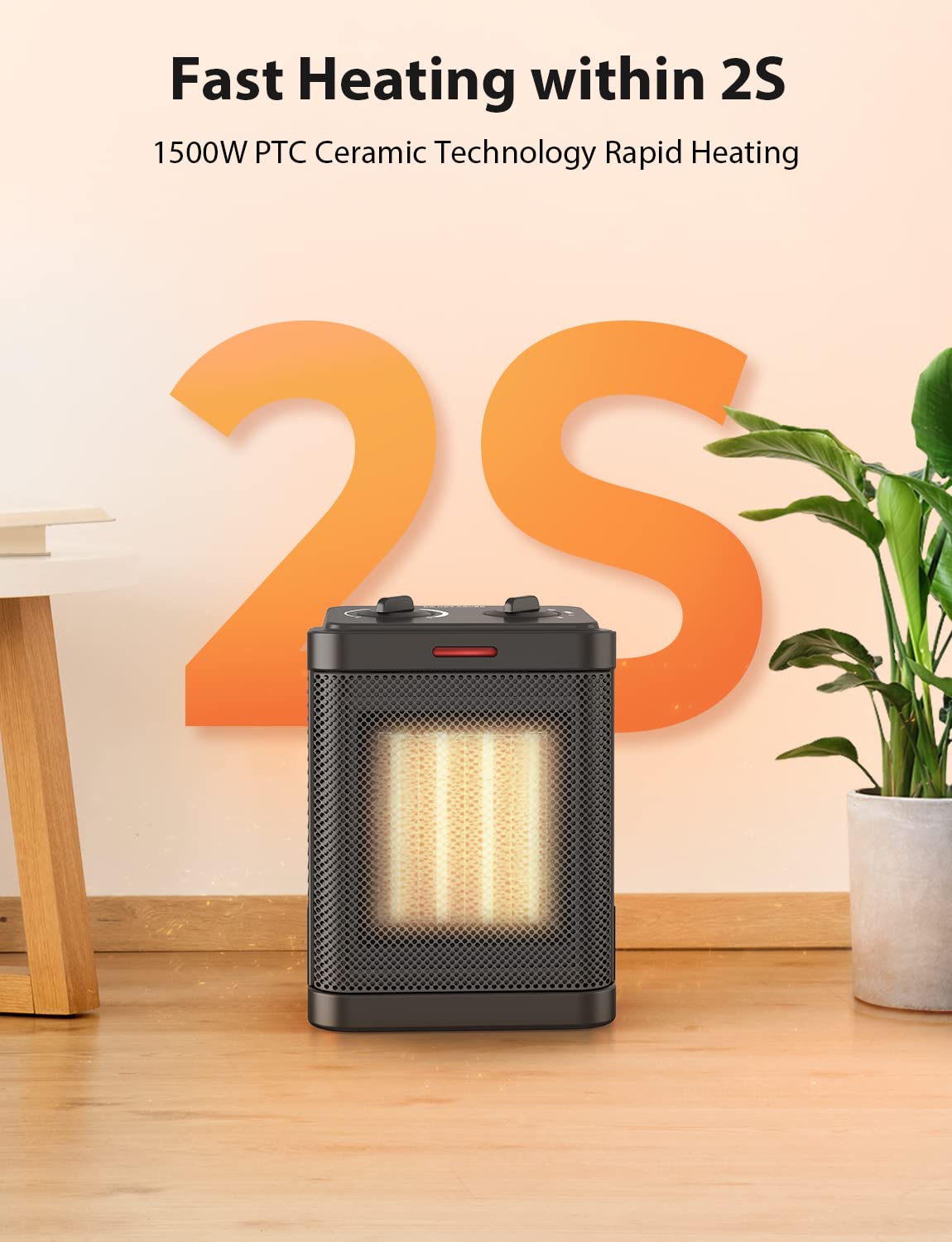 1500W Space Heater, Small Space Heater for Indoor Use, PTC Ceramic Space Heater with Thermostat, 3 Modes, Safety Quiet Heating, Multiple Protection, Portable Heater for Office Room Desk Use Pereysi