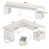 SEDETA L Shaped Desk with 6 Drawer, 108" Home Office Desk with File Drawer & Power Outlet, Corner Computer Desk with Monitor Shelf, File Cabinet, Two Person Desk, Gaming Desk with Led Lights, White SEDETA
