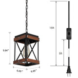 Fivess Lighting Rustic Farmhouse Plug in Pendant Light with 15ft Cord, On/Off Switch, Wood & Metal Cage Adjustable Chains Industrial Mini Hanging Fixture for Kitchen Island Sink Bar Farmhouse, Black Fivess Lighting