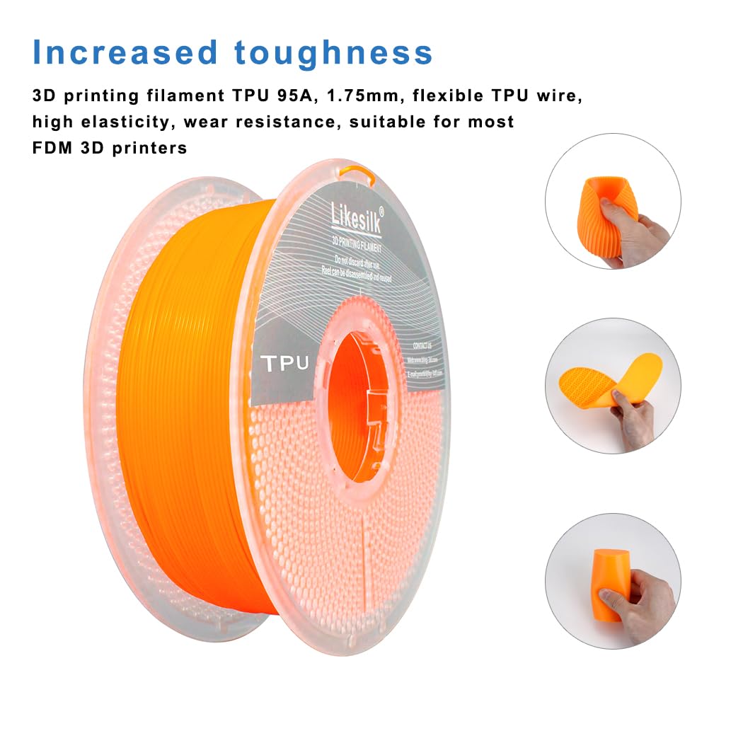 Likesilk 95A TPU Filament, Soft Flexible 3D Printer Filament 1.75mm, Dimensional Accuracy +/- 0.03, 1kg Spool(2.2 lbs), TPU Orange Likesilk