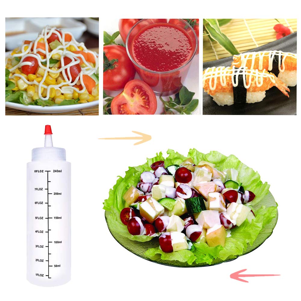 Baaxxango 12 Pack 8oz/240ml Plastic Squeeze Bottles,Scale Plastic Squirt Bottle,Polyethylene Durable Plastic with Red Tip Cap and Black Scale for Ketchup,Sauces,Syrup,Dressings,BBQ,Crafts and More Baaxxango