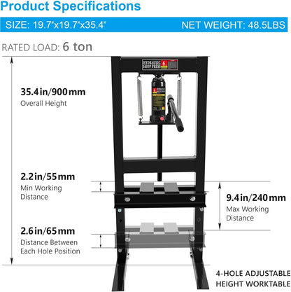 SPOWAY 6 Ton Hydraulic Shop Press, H-Frame Floor Mount Hydraulic Press with Press Plates Adjustable Working Table Height, 6 Ton Shop Press for Car Repair and Garage, Black - WoodArtSupply