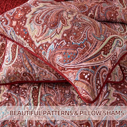 DJY Red Paisley Quilt Set California King Boho Bedspread 3 Pieces, Soft Lightweight Microfiber Coverlet Set Paisley Floral Pattern Bedding for All Season, 112"x96" DJY