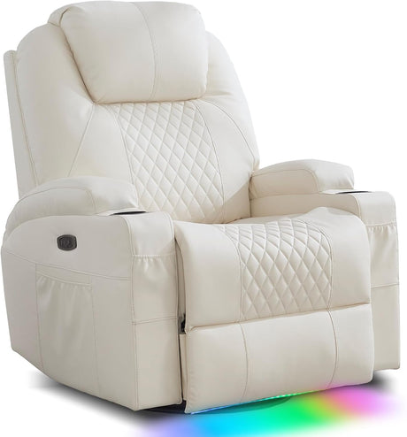 IBTKIG Power Swivel Rocker Recliner Chair with Massage and Heat/LED Lights/USB and Type-C Ports/Infinite Position/Cup Holder, Electric Glider Reclining Sofa for Nursery Living Room (1, Beige) IBTKIG