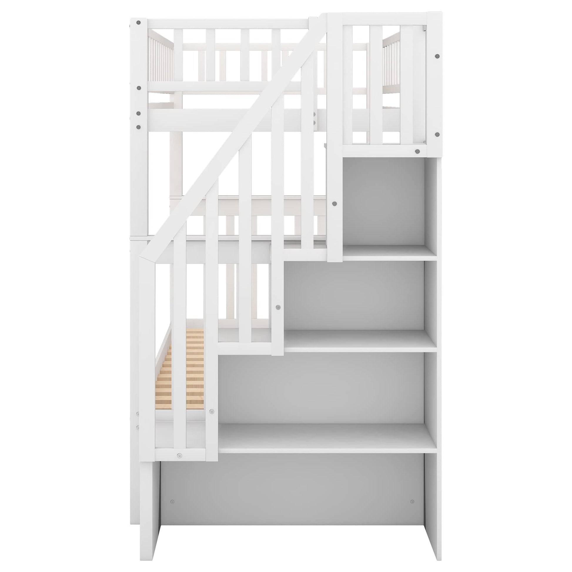 Merax White Twin Over Twin Bunk Bed with Trundle and Storage Staircase - WoodArtSupply