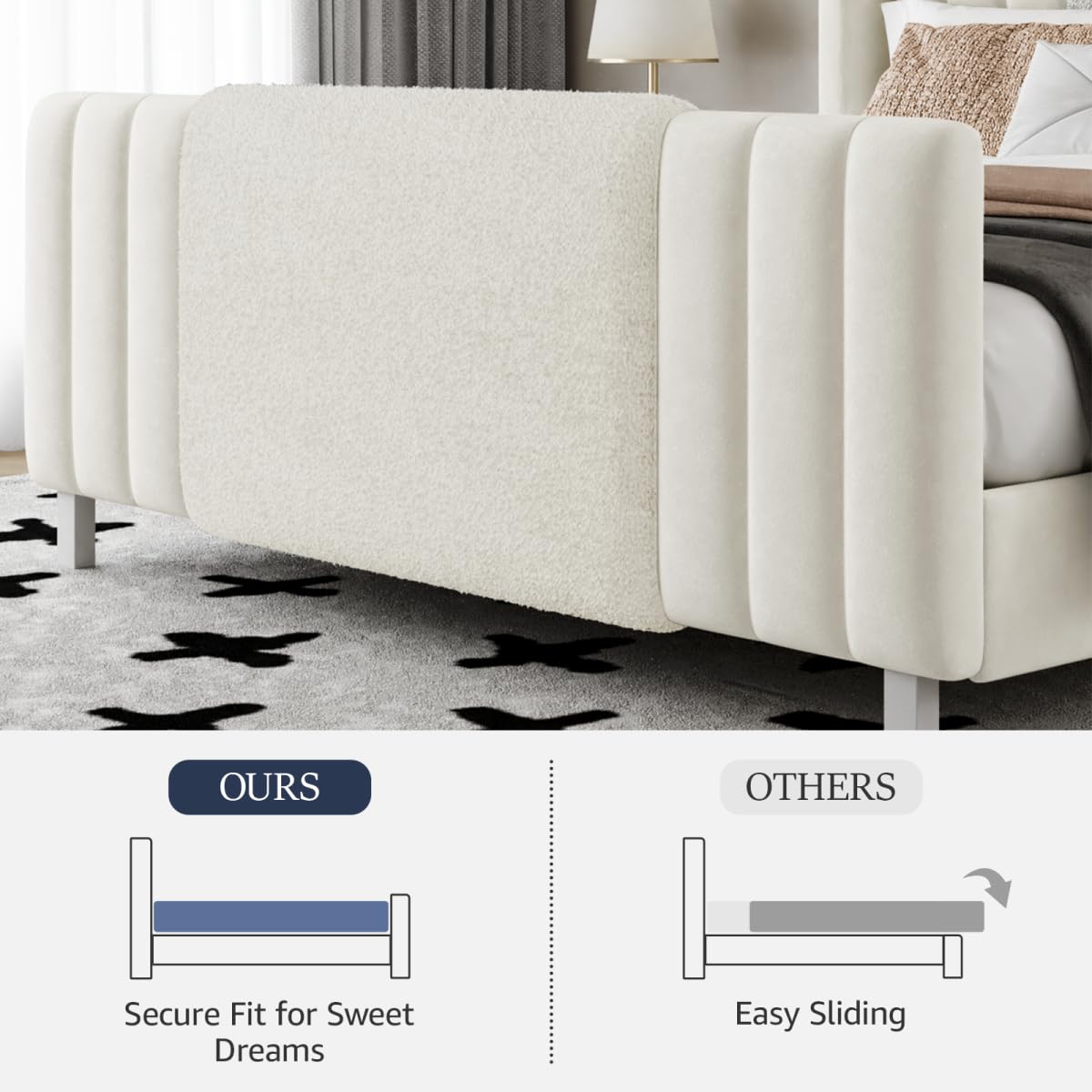 Lihimte Queen Size Bed Frame with Tall Headboard and Footboard, Boucle and Velvet Upholstered Bed Frame Queen with LED Lights, Modern Platform Bed Frames, Noiseless, Easy Assembly, White Lihimte