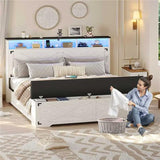 Hasuit Queen Size Bed Frame with Storage Ottoman, Farmhouse Bed Frame with Charging Station and Led Light, Headboard with Storage Rack, Metal Slats, No Noise Design, No Box Spring Needed,Walnut White Hasuit