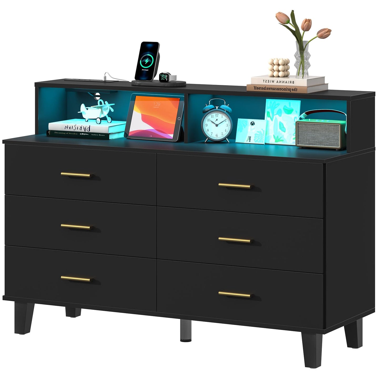 knoworld Black Dresser with LED Lights, 6 Drawer Dresser with Power Outlet for Bedroom, Large Wooden Chest of Drawers, Organizer Cabinet for Bedroom,Living Room,Hallway, Entryway