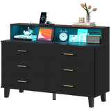 knoworld Black Dresser with LED Lights, 6 Drawer Dresser with Power Outlet for Bedroom, Large Wooden Chest of Drawers, Organizer Cabinet for Bedroom,Living Room,Hallway, Entryway knoworld