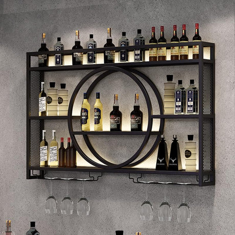 AKOGG Wine Rack Wall Mounted With LED Light ＆ Wine Glass Holder,Iron Bar Liquor Shelf,Floating Wall Wine Shelves,Liquor Bottle Display Shelf,Wine Glass Storage Racks,For Kitchen Wine Cellar,Gold/Black AKOGG