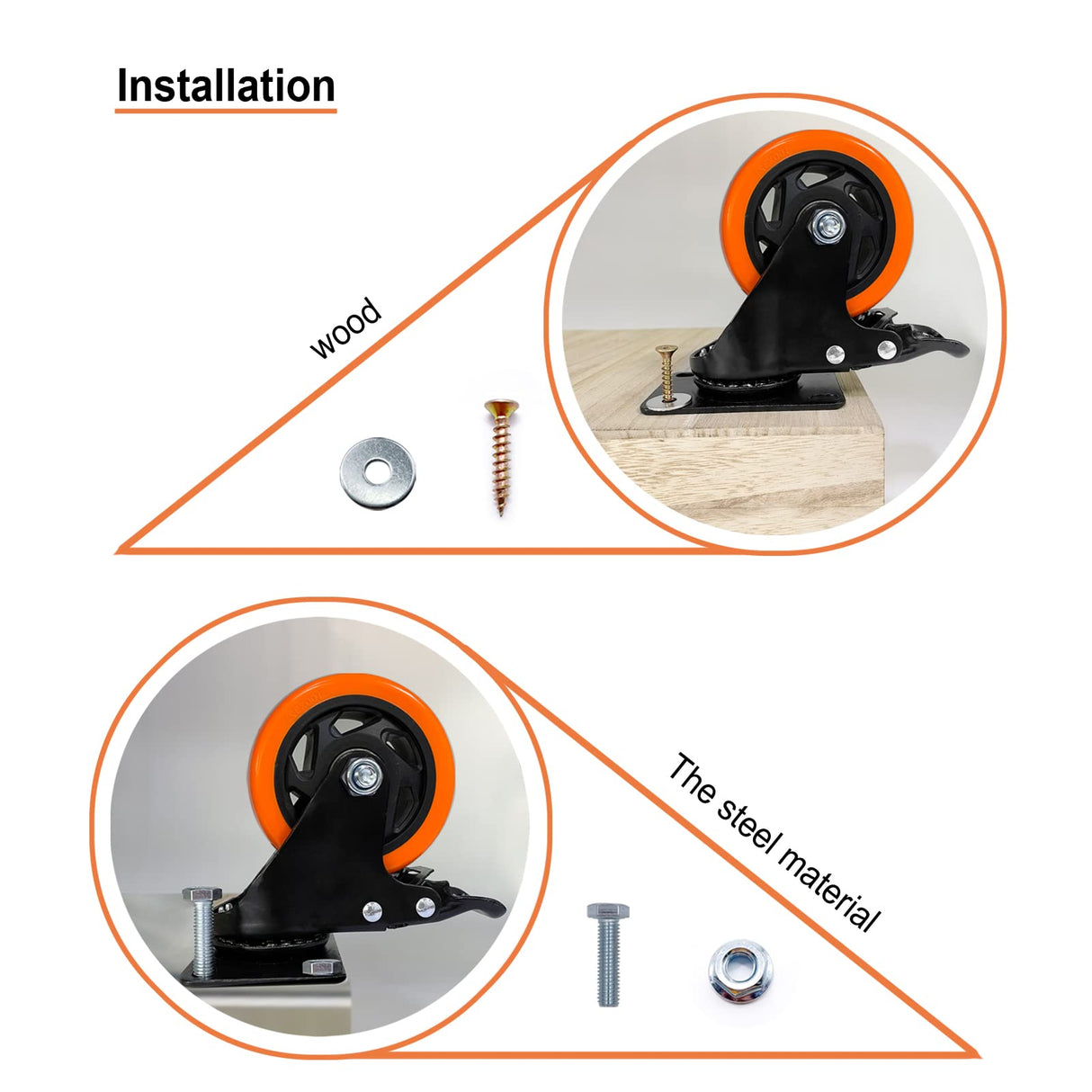 ASRINIEY Casters, 4" Caster Wheels，Casters Set of 4 Heavy Duty - Orange Polyurethane Castors, Top Plate Swivel Wheels, 4-Pack Industrial Casters with Brake, Locking Casters for Furniture and Workbench ASRINIEY