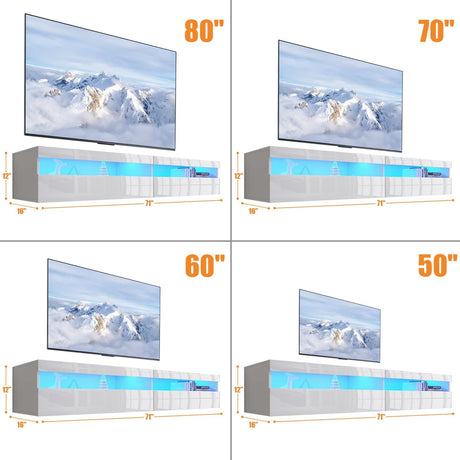 ANTISTA Floating TV Stand with Led Lights, 71 inch Wall Mounted TV Shelf with Power Outlet, Modern Entertainment Center Media Console with Storage Cabinet, Up to 80 Inch TVS, White ANTISTA