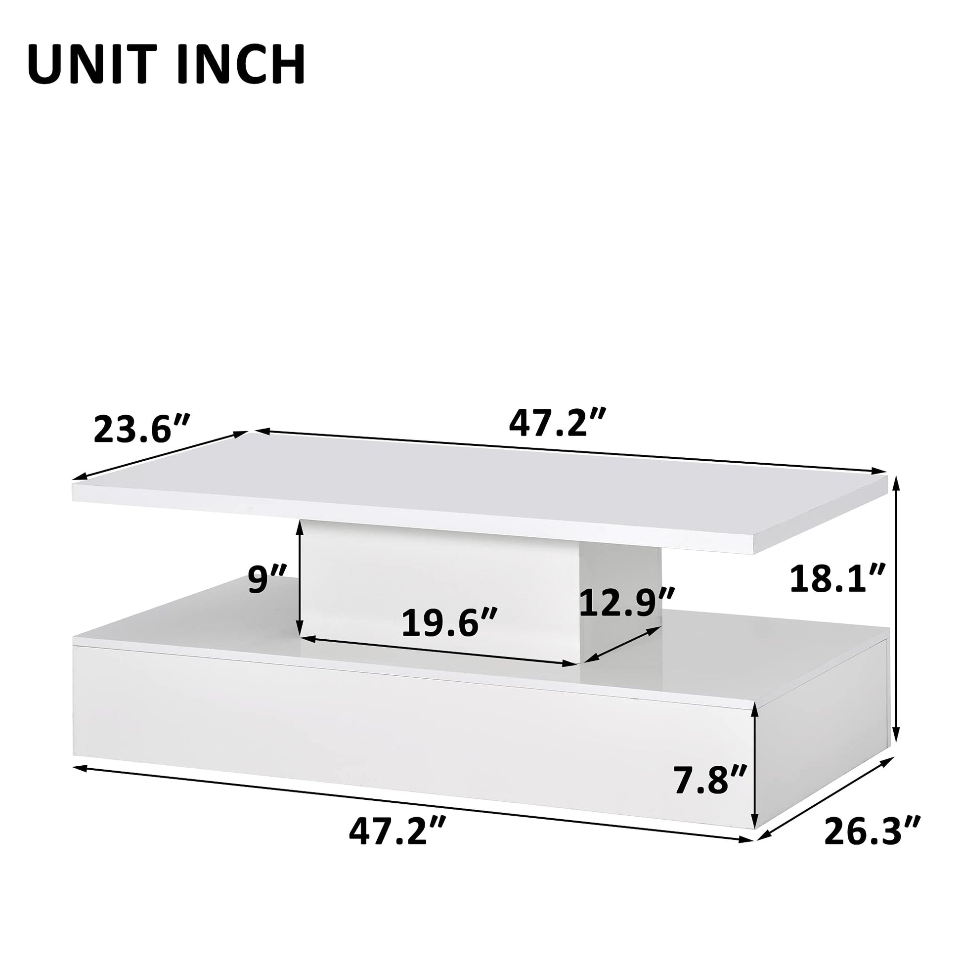 Merax 47.2'' 2-Tier LED Light White Coffee Table, Modern Industrial Design Cocktail Table with 16-color LED lighting and a remote control for Livingroom - WoodArtSupply