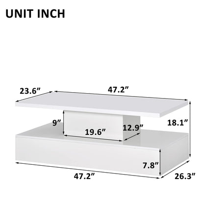 Merax 47.2'' 2-Tier LED Light White Coffee Table, Modern Industrial Design Cocktail Table with 16-color LED lighting and a remote control for Livingroom - WoodArtSupply