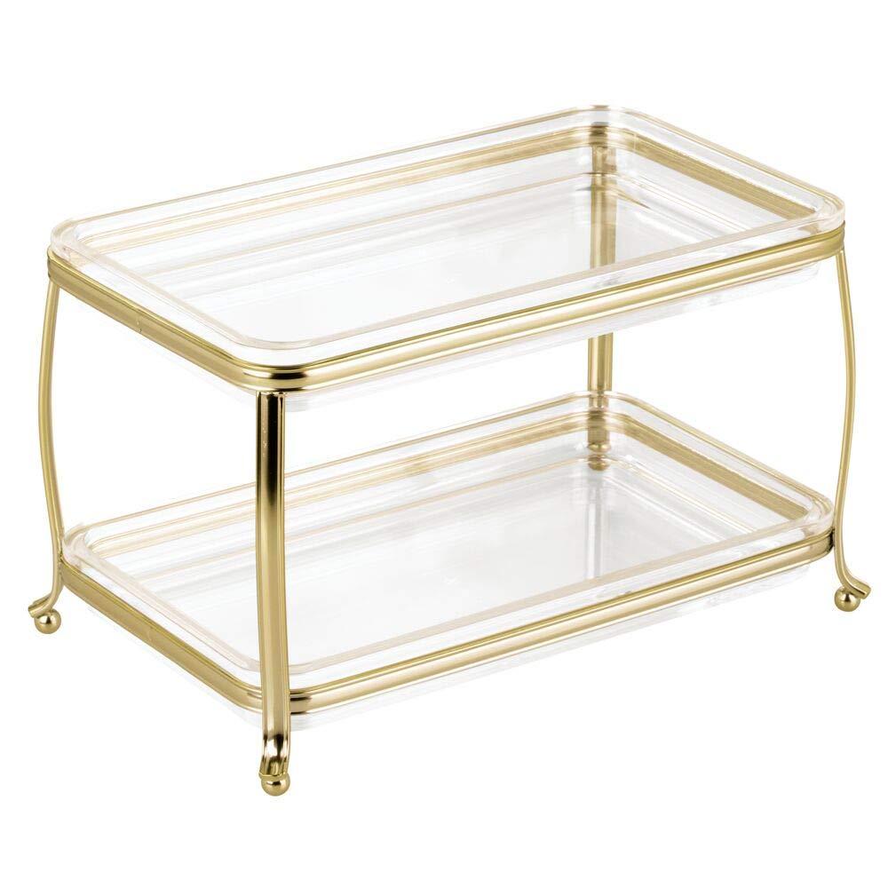 mDesign Decorative Makeup Storage Organizer Vanity Tray for Bathroom Counter Tops, 2 Levels to Hold Makeup Brushes, Eyeshadow Palettes, Lipstick, Perfume and Jewelry - Soft Brass/Clear mDesign
