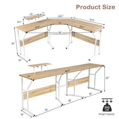 Tangkula L-shaped Reversible Computer Desk, 2 Person Long Computer Workstation w/Movable Monitor Stand, Large Home Office Corner Desk for Working Writing Gaming (Natural) - WoodArtSupply