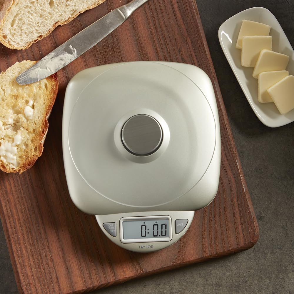 Taylor 11LB Capacity Digital Glass Top Kitchen Scale with LCD Display, Weight in Grams and Ounces for Baking, Cooking, and Meal Prep, Silver Taylor
