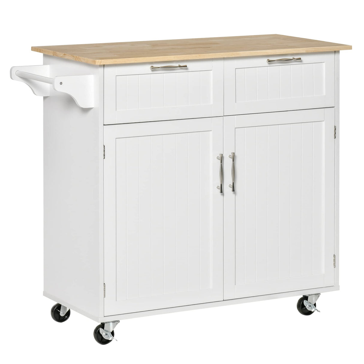 HOMCOM 41" Modern Rolling Kitchen Island on Wheels, Utility Cart Storage Trolley with Rubberwood Top & Drawers, White HOMCOM