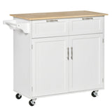 HOMCOM 41" Modern Rolling Kitchen Island on Wheels, Utility Cart Storage Trolley with Rubberwood Top & Drawers, White HOMCOM