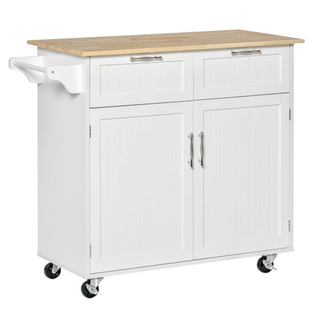 HOMCOM 41" Modern Rolling Kitchen Island on Wheels, Utility Cart Storage Trolley with Rubberwood Top & Drawers, White HOMCOM