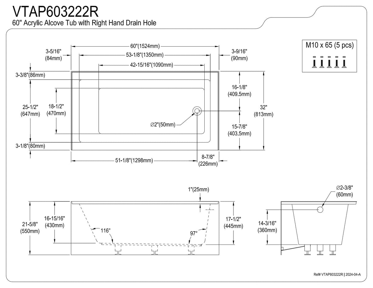 Aqua Eden VTAP603222R 60-Inch Acrylic 3-Wall Alcove Tub with Right Hand Drain Hole, White Kingston Brass