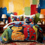HOSIMA Cat Quilt Bedding Set King Size,Various Different Cats Print Cute Bedding for Kids Adults Room Decor,Animal Themed Plaid Patchwork Quilt with 2 Pillowcases for All Seasons. HOSIMA