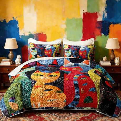 HOSIMA Cat Quilt Bedding Set King Size,Various Different Cats Print Cute Bedding for Kids Adults Room Decor,Animal Themed Plaid Patchwork Quilt with 2 Pillowcases for All Seasons. HOSIMA