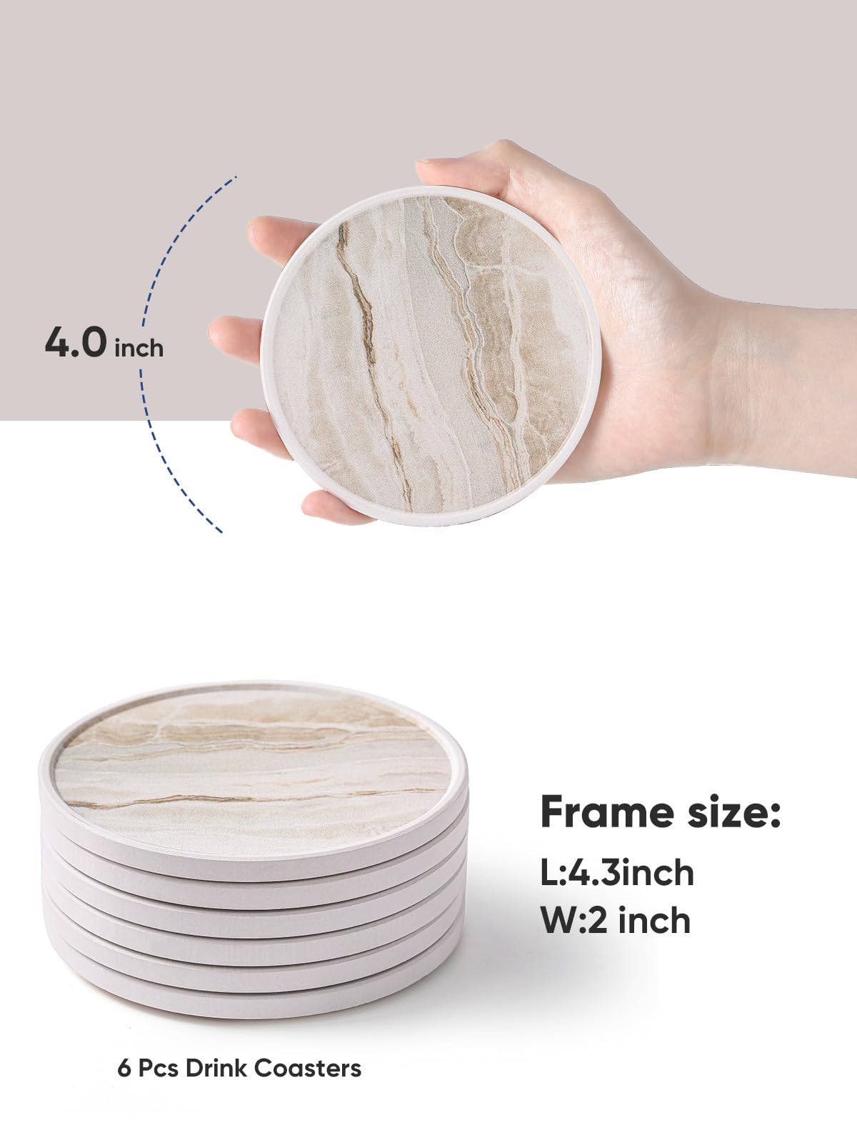 LIFVER Coasters for Coffee Table, Coasters for Drinks Absorbent, Drink Coasters, Housewarming Gift, Home Decor, Set of 6, Farmhouse Coaster Set with Holder, 4 Inches, Sandstone Style LIFVER