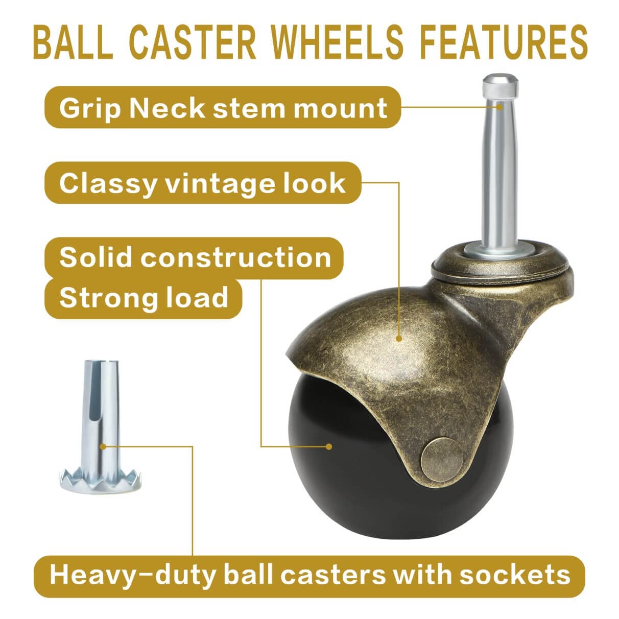 JGJC 2 inch Swivel Stem Ball Caster Wheels, Antique Furniture Casters Set of 4 with Socket, Solid Brass Casters with Stem (5/16" x 1-1/2"), Vintage Caster Wheels for Furniture, Table, Cabinet JGJC