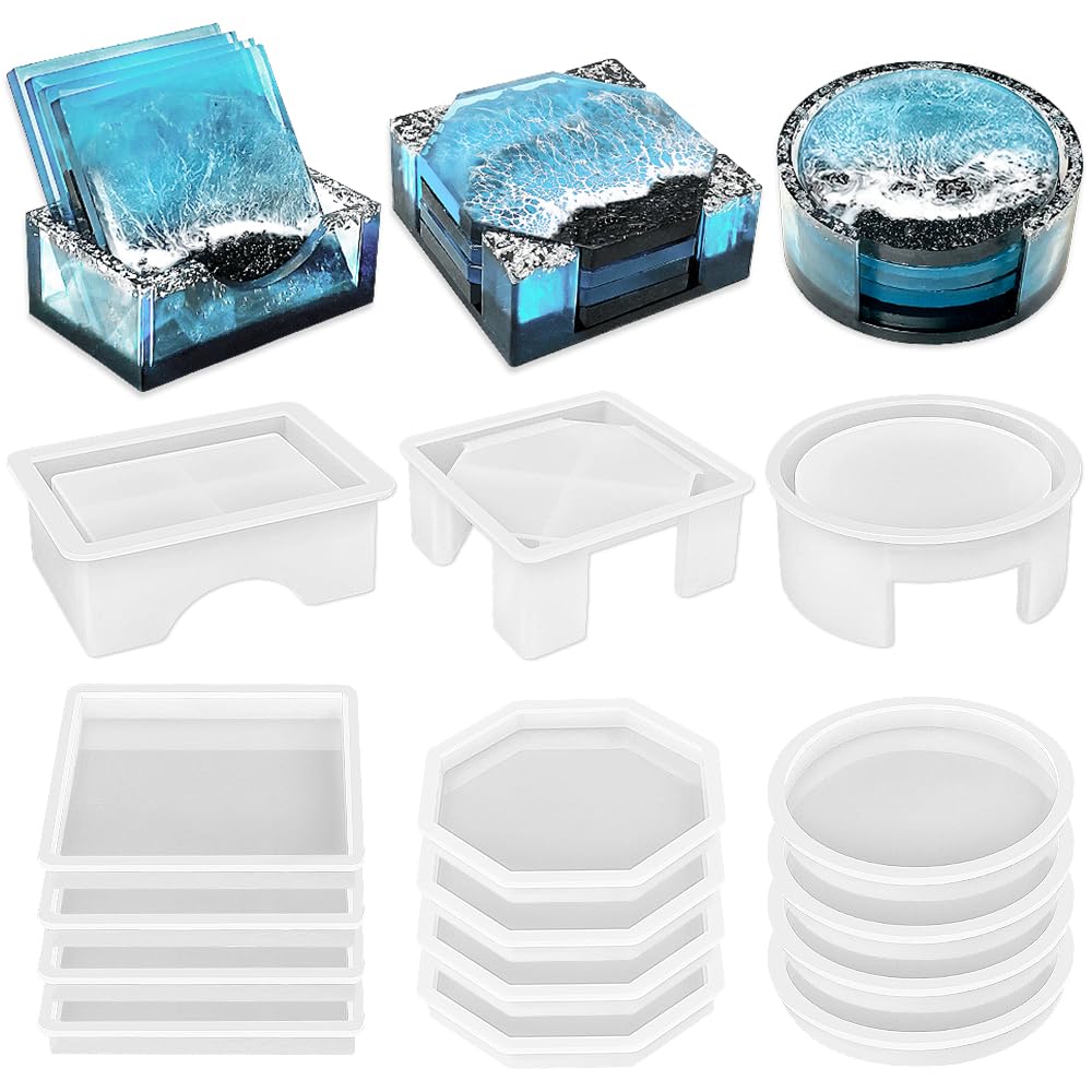 RESINWORLD Set of 3 Thick Square Octagon Round Coaster Molds with Matching Holder Mold, Shiny Coaster Silicone Molds for Resin Casting ResinWorld