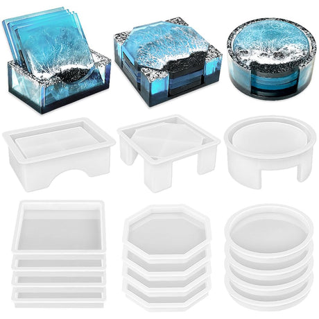 RESINWORLD Set of 3 Thick Square Octagon Round Coaster Molds with Matching Holder Mold, Shiny Coaster Silicone Molds for Resin Casting ResinWorld