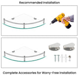 YorkHoMo Glass Corner Shelves Tempered Bathroom Eestantes para Baños with Rail Wall Mounted Drill Hole for Corner Shower Shelf for Inside Shower 2 Pack（Sliver） YorkHoMo