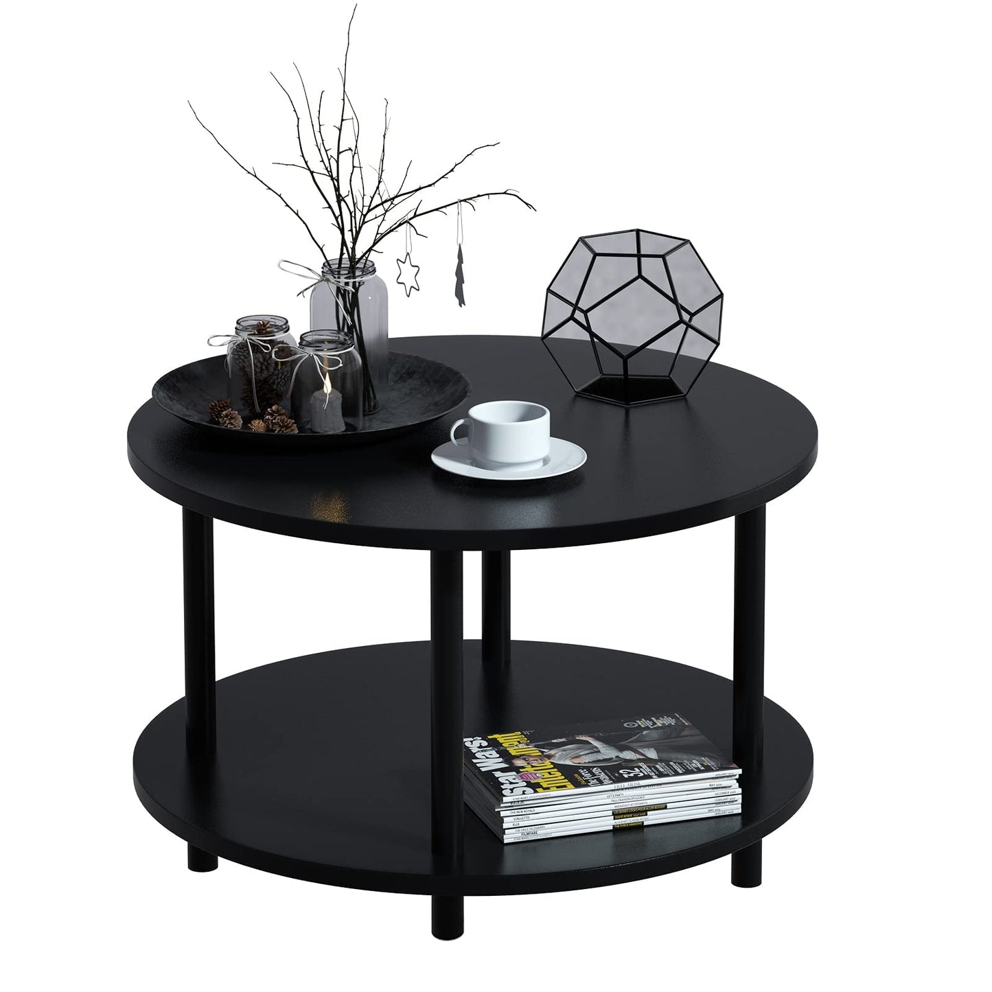 Vanrohe Small Round Coffee Table with Open Storage for Small Space, 23.5" Black 2-Tier Wooden Center Table for Living Room, Metal Legs, Easy to Assemble - WoodArtSupply