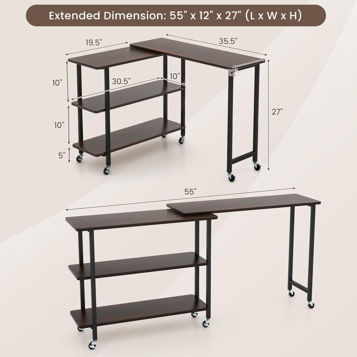 Giantex 360° Free Rotating Sofa Side Table, Mobile L-Shaped Laptop Desk with Sturdy Metal Frame, 6 Universal Casters, Movable Couch Snack Table with 2-Tier Storage Shelf for Home (Walnut) Giantex