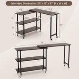 Giantex 360° Free Rotating Sofa Side Table, Mobile L-Shaped Laptop Desk with Sturdy Metal Frame, 6 Universal Casters, Movable Couch Snack Table with 2-Tier Storage Shelf for Home (Walnut) Giantex