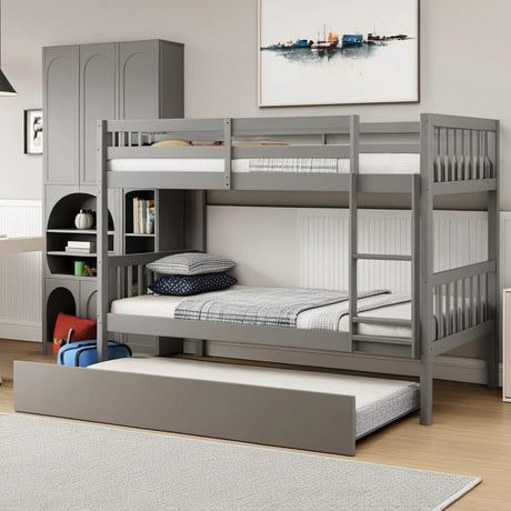 PVWIIK Twin Over Twin Bunk Bed with Trundle and Ladder for Kids Bedroom,Wood Bed Frame with Safety Rails,Convertible to 2 Bed,No Box Spring Needed,Grey PVWIIK