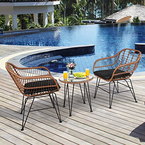 Tangkula 3 Pieces Patio Conversation Bistro Set, Outdoor Wicker Furniture w/Round Tempered Glass Top Table & 2 Rattan Armchairs, Bistro Chat Set w/Seat Cushions for Porch, Backyard, Garden - WoodArtSupply