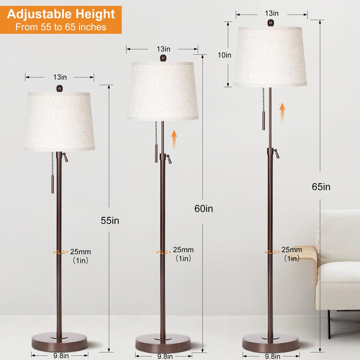JUNNAI Modern Floor Lamp Adjustable Height Standing Lamp Tall Lamp with 3 Color Temperatures Floor Lamps for Living Room Bedroom Office Beige Shade Bulb Included-Brown JUNNAI