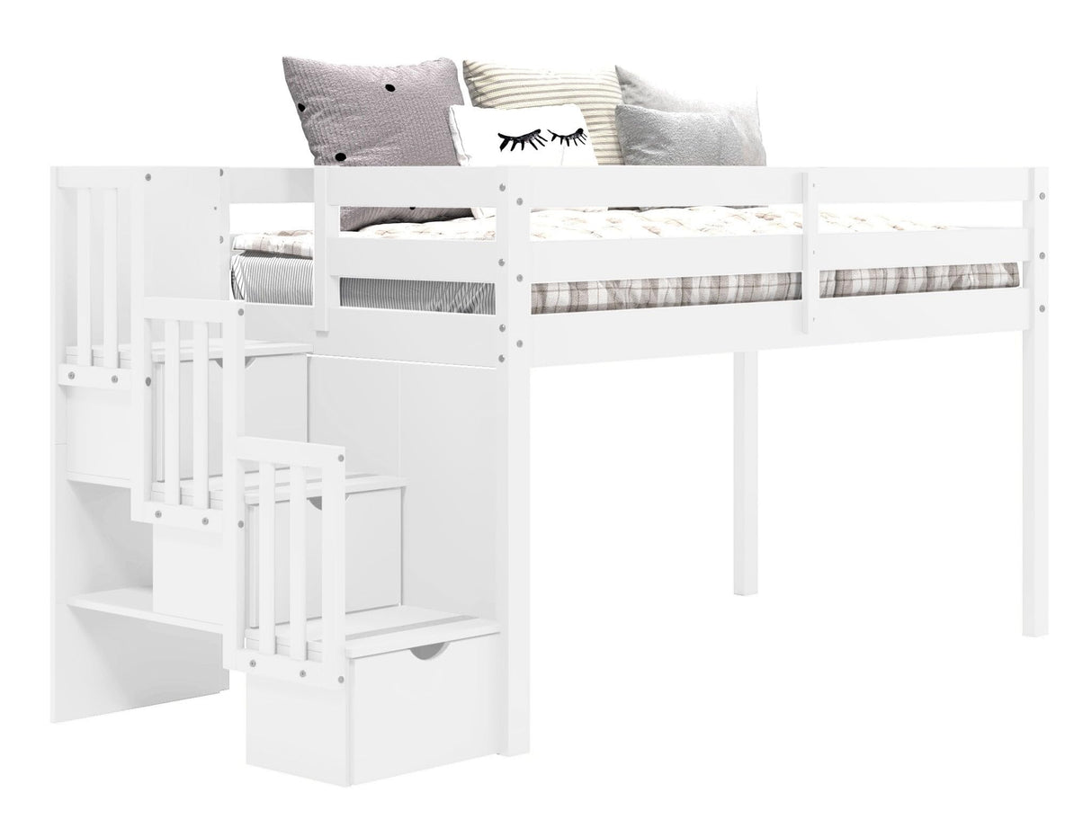 Bedz King Contemporary Low Loft Twin Bed with 3 Step-Stairway, White Bedz King