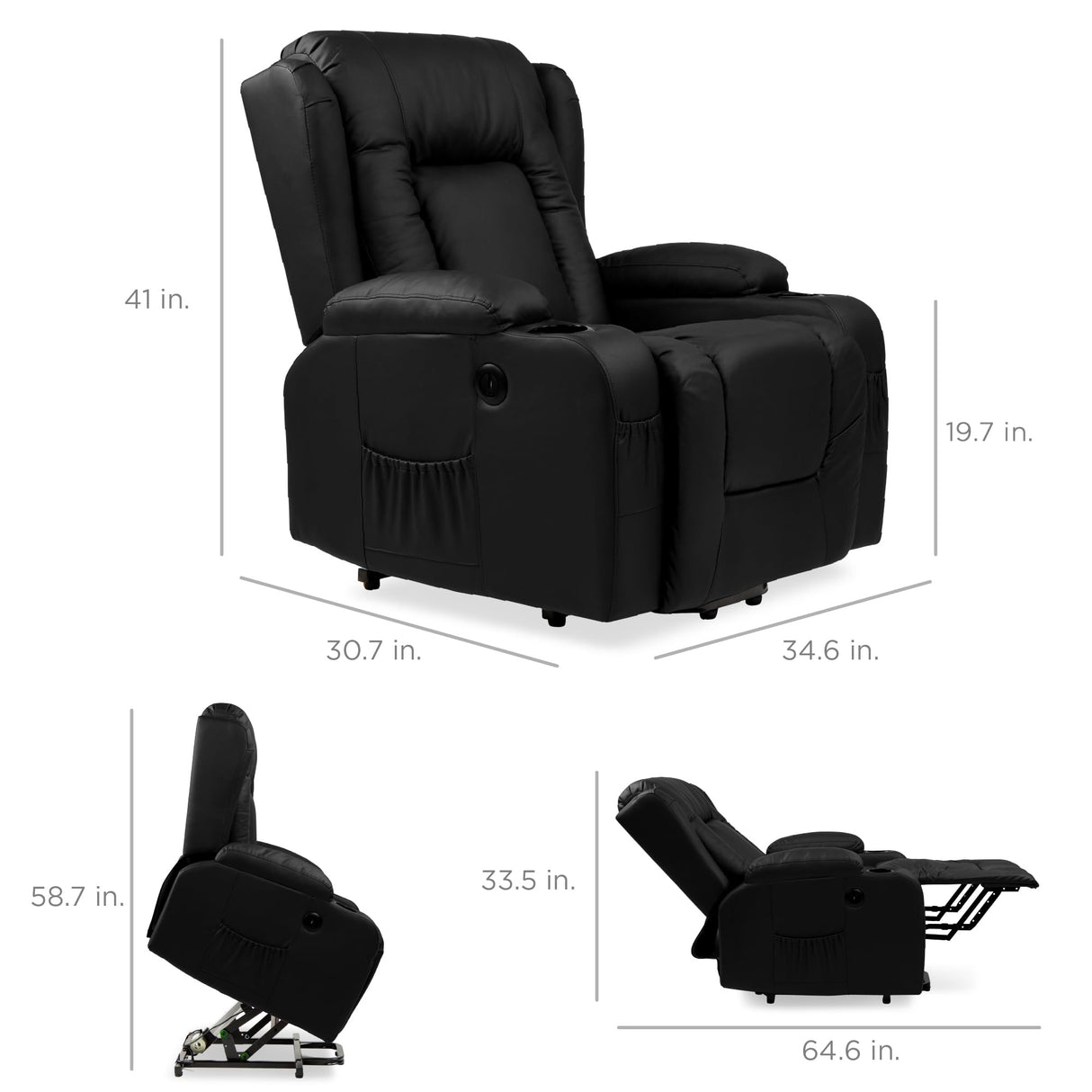 Best Choice Products PU Leather Electric Power Lift Chair, Recliner Massage Chair, Adjustable Furniture for Back, Legs w/ 3 Positions, USB Port, Heat, Cupholders, Easy-to-Reach Side Button - Black Best Choice Products