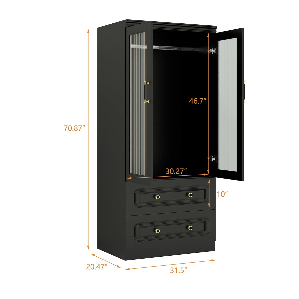 Keloyid Modern 2 Door Armoire Wardrobe Closet with Glass Door, 2 Drawers, Hanging Rod & Shelves, Black, 20.47 x 31.49 x 70.86 inches, Bedroom Keloyid