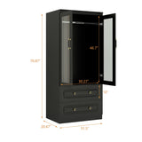 Keloyid Modern 2 Door Armoire Wardrobe Closet with Glass Door, 2 Drawers, Hanging Rod & Shelves, Black, 20.47 x 31.49 x 70.86 inches, Bedroom Keloyid