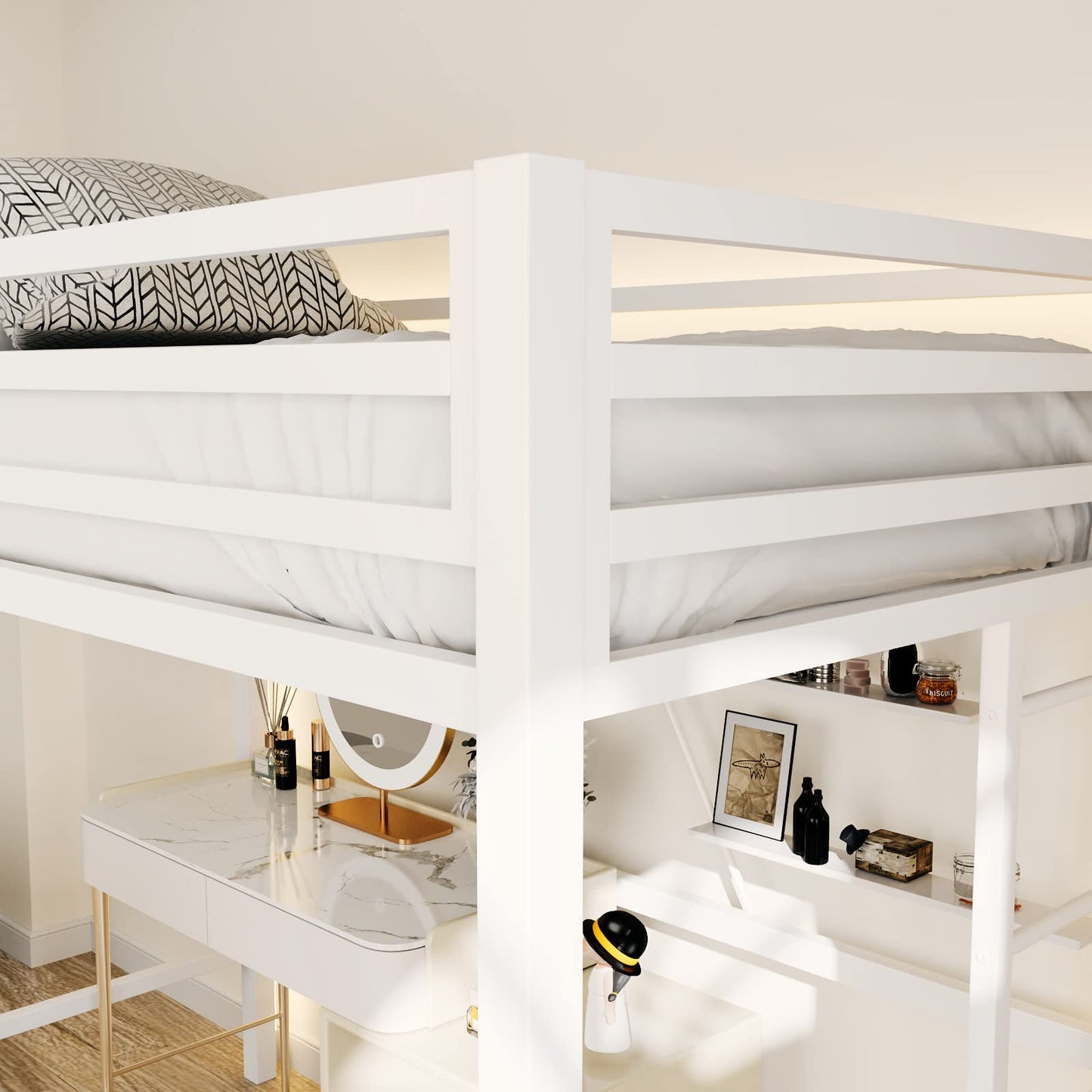 Stylish White Twin Loft Bed with Safety Guard and Removable Ladder by ikalido - WoodArtSupply