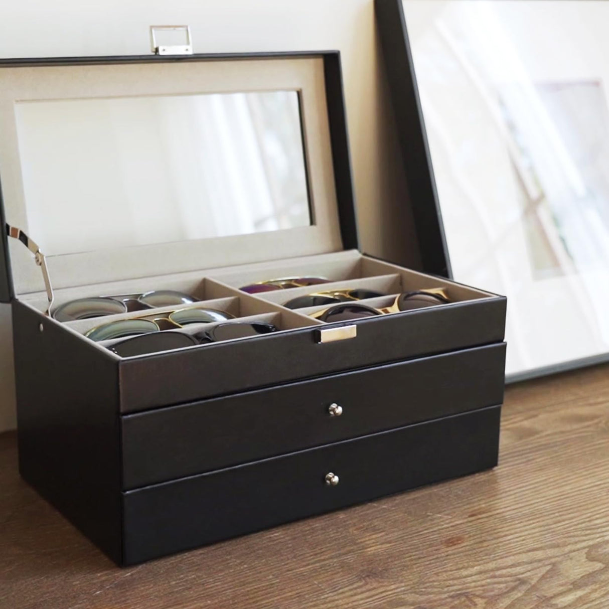 ProCase 3-layer Sunglasses Storage Organizer, 18 Slots Leather Sunglass Box Multiple Pairs Eyeglass Cases Eye Glass Eyewear Display Holder for Men Women, Father's Day Gift -Black ProCase