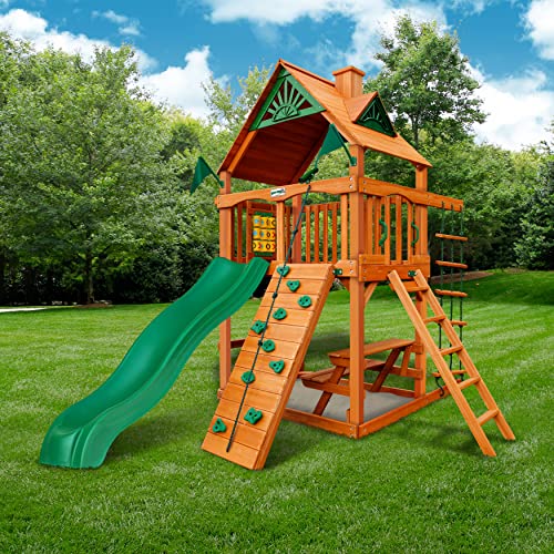 Gorilla Playsets 01-0061-AP Chateau Tower Wooden Play Tower with Wood Roof, Slide, and Climbing Wall, Brown - WoodArtSupply