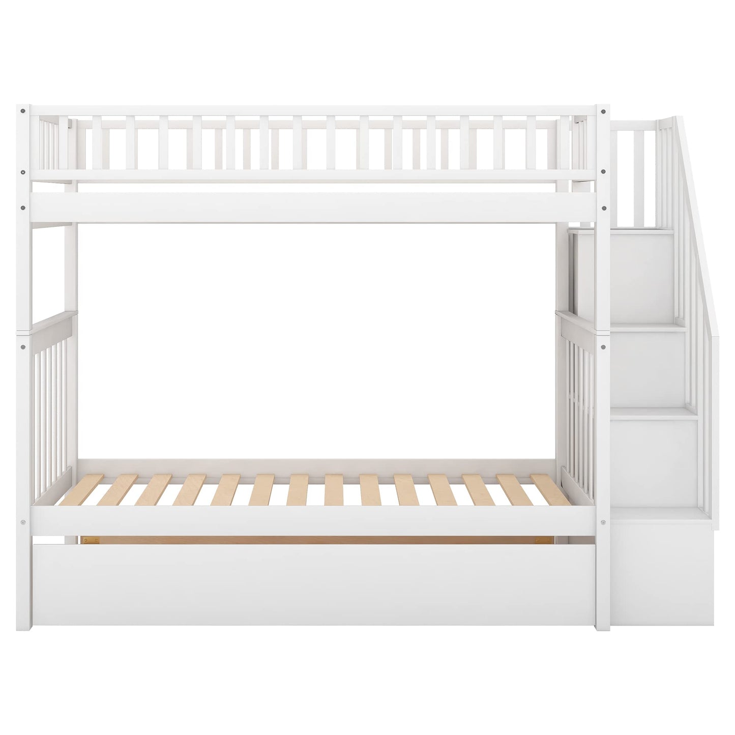 Elegant Twin Over Twin Bunk Bed with Stairs & Trundle - Harper & Bright Designs, White Solid Wood Frame - WoodArtSupply