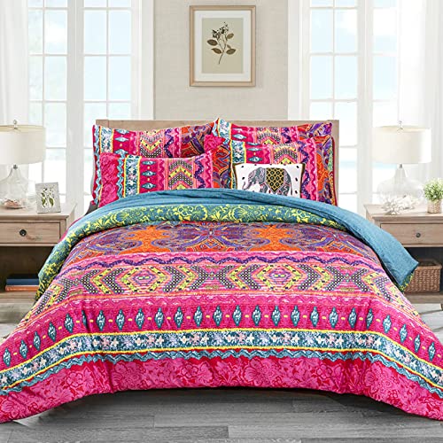 WONGS BEDDING Bohemian Comforter Set Queen, Ultra Soft Microfiber Reversible Boho Alternative Comforter Set - 3 Pieces (1 Solid Comforter + 2 Pillowcases), Bedding Duvet Set for Queen Bed WONGS BEDDING