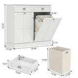 Loomie Double Tilt Out Laundry Hamper Cabinet, Hidden Laundry Cabinet with 2 Drawers & 2 Laundry Storage Baskets, 30 Gallon Trash Can Cabinet, Storage Cabinet for Bathroom, Laundry Room,Kitchen, White Loomie
